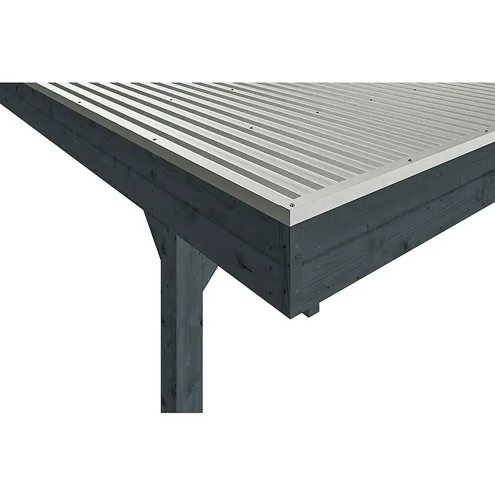 SKAN HOLZ Carport Friesland Hybrid Set 11 - Außenmaß inkl. Dachüberstand (B x T): 3,14 x 5,55 m, Einzelcarport, Anthrazit, Mit Rück- und Seitenwand - Detailansicht eines modernen Pavillons mit grauem Holzrahmen und einem eleganten, silberfarbenen Metalldach.