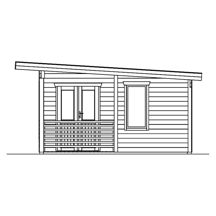SKAN HOLZ Gartenhaus Arnheim - Außenmaß inkl. Dachüberstand (B x T): 720 x 539 cm, Holz, Natur - Strichzeichnung eines Holzschuppens mit Pultdach, Doppeltür, Rechteckfenster und Veranda mit horizontalen Geländern.