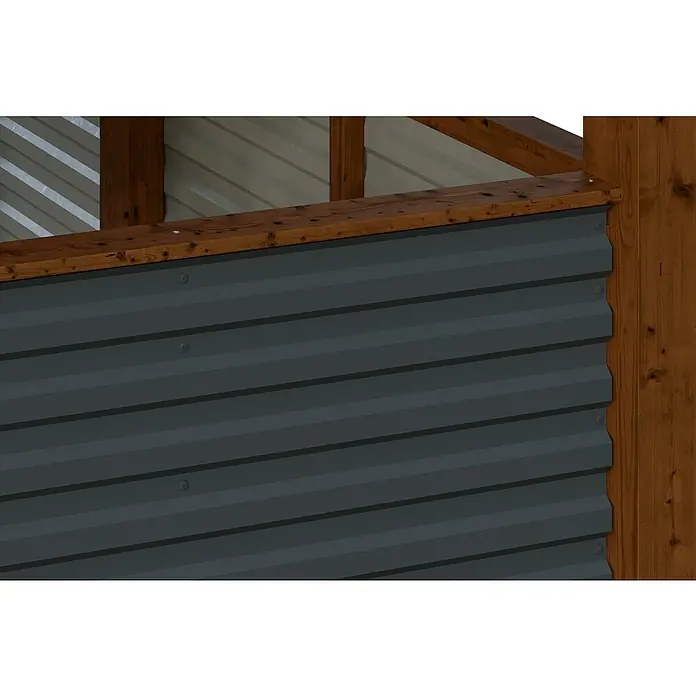 SKAN HOLZ Carport - Außenmaß inkl. Dachüberstand (B x T): 5,57 x 5,55 m, Doppelcarport, Nussbaum - Nahaufnahme eines modernen, grauen Wandpaneels mit hölzernen Akzenten, ideal für zeitgenössisches Design und langlebige Bauprojekte.