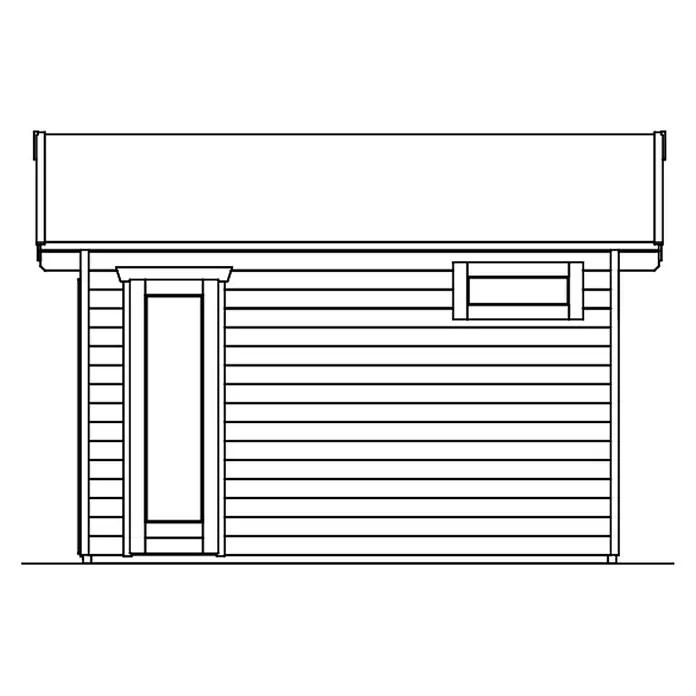 SKAN HOLZ Gartenhaus Utrecht - Außenmaß inkl. Dachüberstand (B x T): 520 x 440 cm, Holz, Natur - Seitenansicht Zeichnung eines Schuppens oder einer Hütte mit einer Tür, horizontaler Verkleidung und einem Fenster.