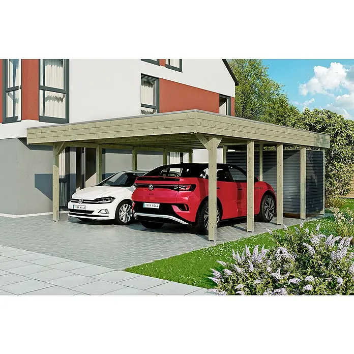 SKAN HOLZ Carport - Außenmaß inkl. Dachüberstand (B x T): 5,57 x 7,08 m, Doppelcarport, KDI Grün - Das Bild zeigt einen modernen Doppelcarport aus Holz mit zwei parkenden Autos, ein weißes und ein rotes Modell, auf einem gepflasterten Untergrund.