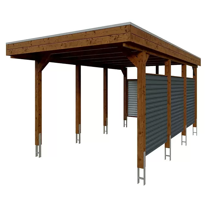 SKAN HOLZ Carport Friesland Hybrid Set 11 - Außenmaß inkl. Dachüberstand (B x T): 3,14 x 5,55 m, Einzelcarport, Nussbaum, Mit Rück- und Seitenwand - Hölzerner Carport mit Metalledach und Wellblech-Seitenwänden.