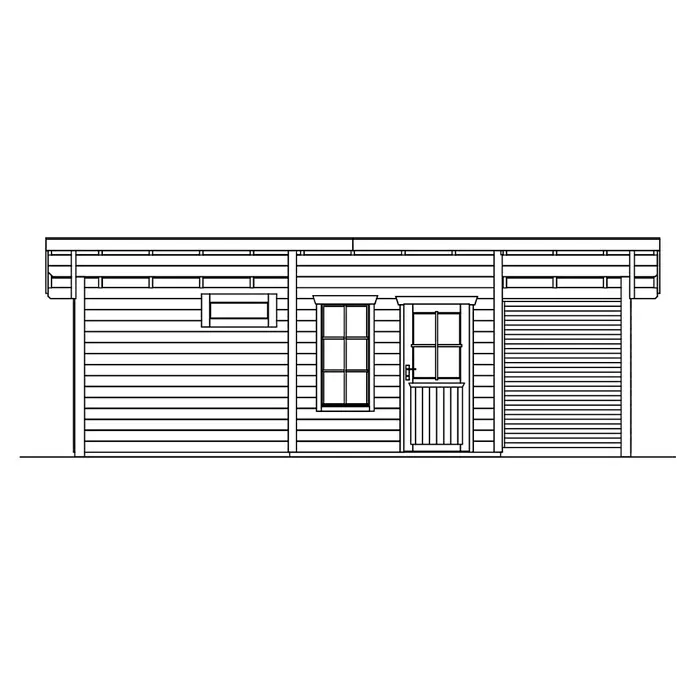 SKAN HOLZ Gartenhaus Namur - Außenmaß inkl. Dachüberstand (B x T): 750 x 315 cm, Holz, Natur - Strichzeichnung einer Holzschuppenfassade mit horizontalen Planken, zwei Fenstern, einer Tür und einem Lamellenteil.