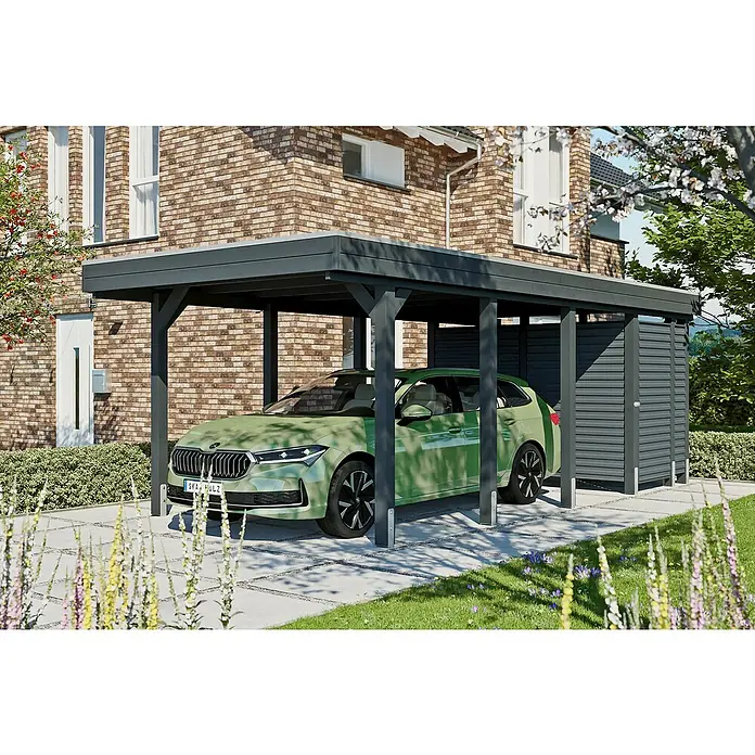 SKAN HOLZ Carport Friesland Hybrid Set 12 - Außenmaß inkl. Dachüberstand (B x T): 3,14 x 7,08 m, Einzelcarport, Anthrazit - Ein stilvoller Carport in Anthrazit mit Abstellraum bietet Schutz für Ihr Auto und zusätzlichen Stauraum im Freien.