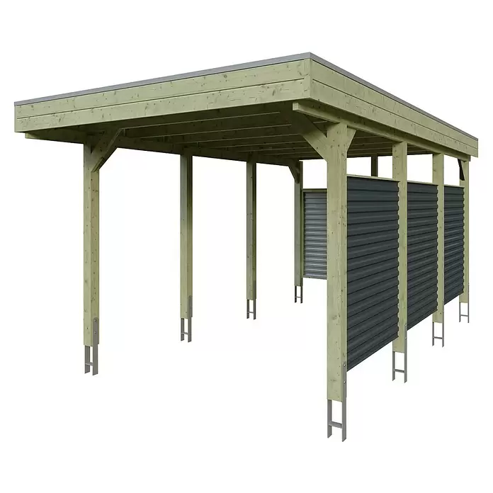 SKAN HOLZ Carport Friesland Hybrid Set 11 - Außenmaß inkl. Dachüberstand (B x T): 3,14 x 5,55 m, Einzelcarport, KDI Grün, Mit Rück- und Seitenwand - Hölzerner Carport mit dunkelgrauen Wellblechwänden und hellem Holzdach.