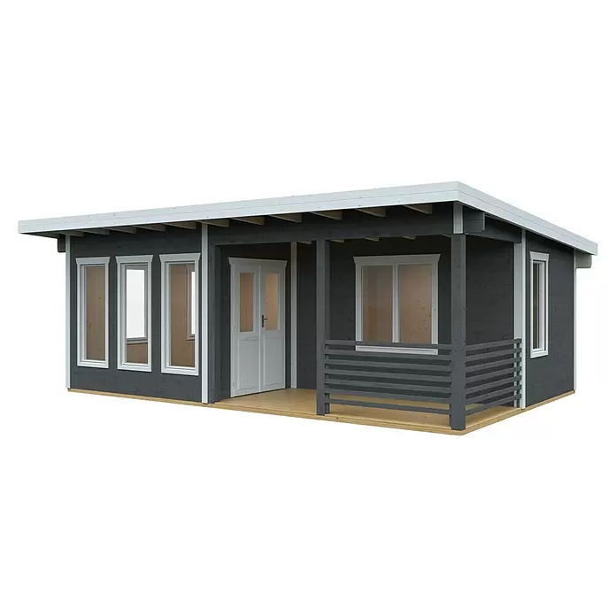SKAN HOLZ Gartenhaus Arnheim - Außenmaß inkl. Dachüberstand (B x T): 720 x 539 cm, Holz, Schiefergrau - Dunkelgraues Gartenhaus aus Holz mit weißen Details, einer Doppeltür und einer hellen Holzveranda mit Geländer.