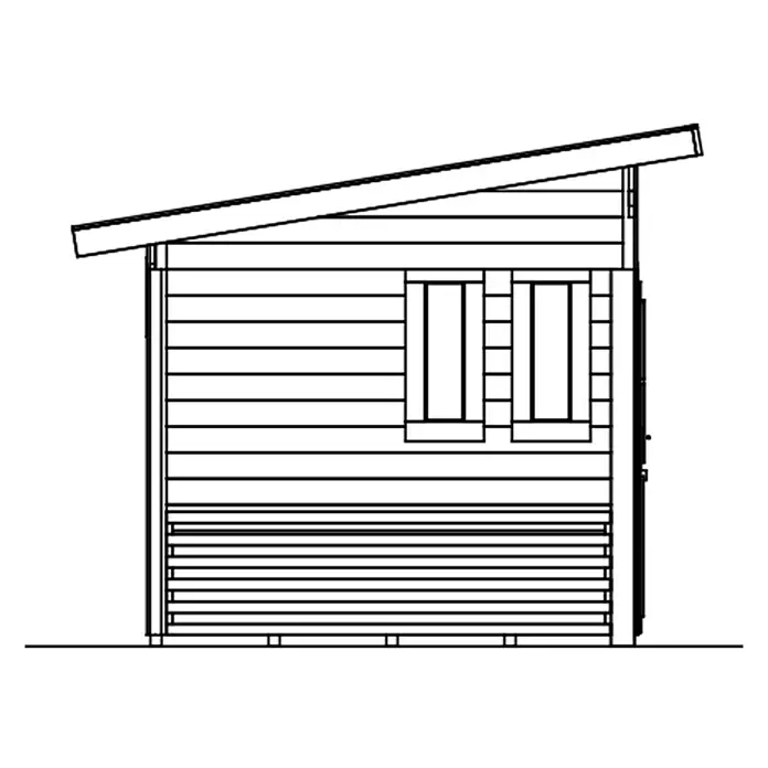 SKAN HOLZ Gartenhaus Namur - Außenmaß inkl. Dachüberstand (B x T): 750 x 315 cm, Holz, Natur - Strichzeichnung eines Schuppens mit Pultdach, horizontaler Verkleidung und zwei Fenstern.