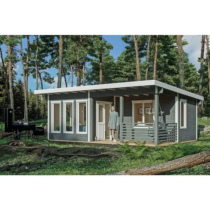 SKAN HOLZ Gartenhaus Arnheim - Außenmaß inkl. Dachüberstand (B x T): 720 x 539 cm, Holz, Schiefergrau - Modernes Gartenhaus aus Holz mit Terrasse und Grillplatz, umgeben von Bäumen. Der perfekte Rückzugsort im Grünen.