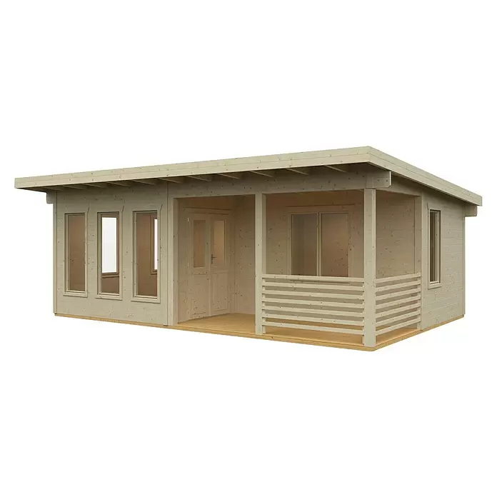SKAN HOLZ Gartenhaus Arnheim - Außenmaß inkl. Dachüberstand (B x T): 720 x 539 cm, Holz, Natur - Heller Holz-Gartenschuppen mit Veranda, Fenstern und Doppeltür.