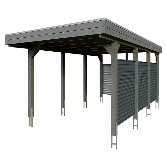 SKAN HOLZ Carport Friesland Hybrid Set 11 - Außenmaß inkl. Dachüberstand (B x T): 3,14 x 5,55 m, Einzelcarport, Schiefergrau, Mit Rück- und Seitenwand - Holzcarport mit grauem Flachdach und dunkelgrauen Wellblech-Seitenwänden.