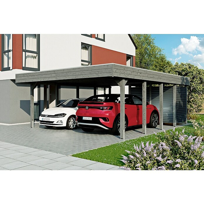 SKAN HOLZ Carport (Außenmaß inkl. Dachüberstand (B x T): 5,57 x 7,08 m, Doppelcarport, Schiefergrau) | BAUHAUS