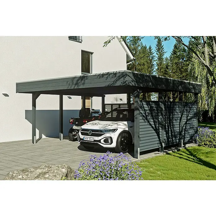 SKAN HOLZ Carport - Außenmaß inkl. Dachüberstand (B x T): 5,57 x 5,55 m, Doppelcarport, Anthrazit - Ein moderner Carport mit Flachdach und Seitenwand bietet Schutz für Fahrzeuge und zusätzlichen Stauraum im Außenbereich.