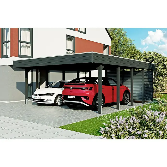 SKAN HOLZ Carport - Außenmaß inkl. Dachüberstand (B x T): 5,57 x 7,08 m, Doppelcarport, Anthrazit - Carport mit zwei geparkten Autos, ein rotes und ein weißes, vor einem modernen Haus mit Garten.