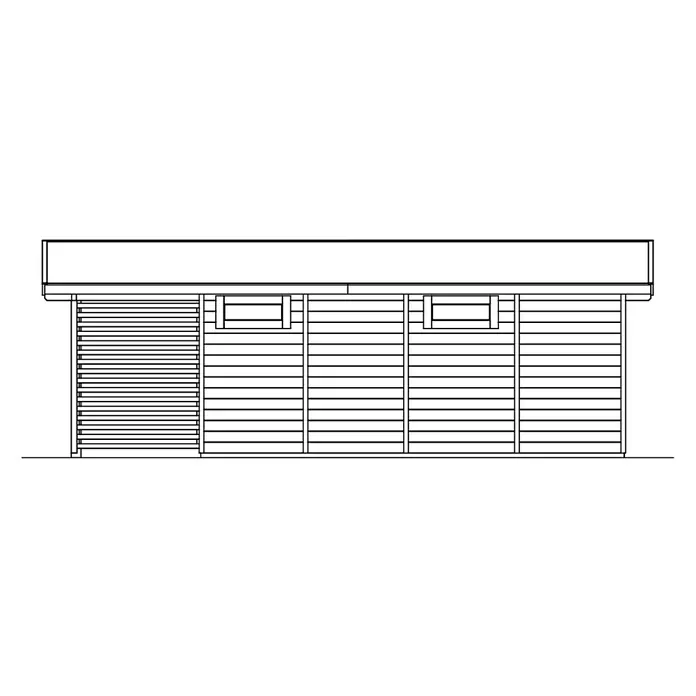 SKAN HOLZ Gartenhaus Namur - Außenmaß inkl. Dachüberstand (B x T): 750 x 315 cm, Holz, Natur - Architekturzeichnung eines Lagergebäudes mit Rolltor und zwei Fenstern an horizontaler Verkleidung.