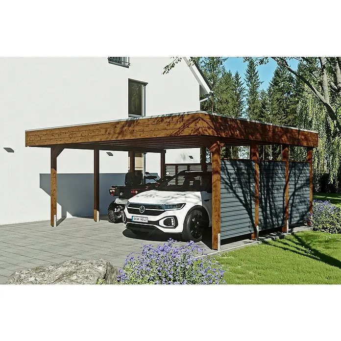 SKAN HOLZ Carport - Außenmaß inkl. Dachüberstand (B x T): 5,57 x 5,55 m, Doppelcarport, Nussbaum - Carport mit einem weißen Auto darunter. Der Carport ist aus Holz gefertigt und bietet Schutz vor Witterungseinflüssen.