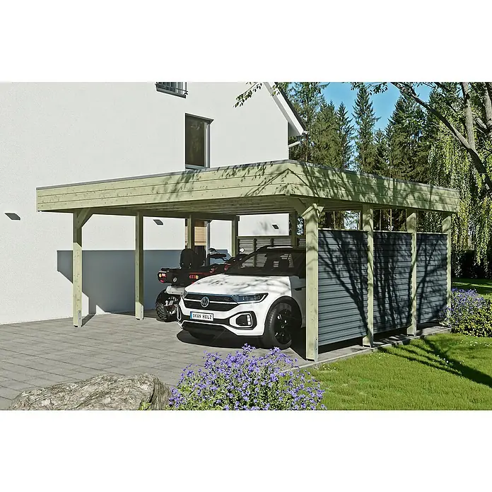 SKAN HOLZ Carport - Außenmaß inkl. Dachüberstand (B x T): 5,57 x 5,55 m, Doppelcarport, KDI Grün - Das Bild zeigt ein Carport von Skan Holz mit einem weißen Auto darunter, das vor dem Haus parkt und zusätzlichen Stauraum bietet.