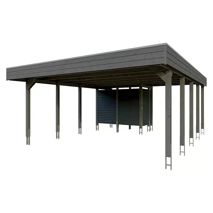 SKAN HOLZ Carport - Außenmaß inkl. Dachüberstand (B x T): 5,57 x 7,08 m, Doppelcarport, Schiefergrau - Dunkelgrauer Holz-Carport mit integriertem Geräteschuppen.