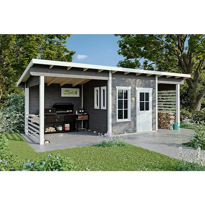 SKAN HOLZ Gartenhaus Namur - Außenmaß inkl. Dachüberstand (B x T): 750 x 315 cm, Holz, Schiefergrau - Das graue Gartenhaus bietet einen überdachten Grillplatz und Stauraum für Holz, umgeben von grüner Natur für entspannte Stunden im Freien.