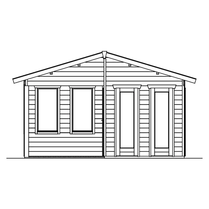 SKAN HOLZ Gartenhaus Utrecht - Außenmaß inkl. Dachüberstand (B x T): 520 x 440 cm, Holz, Natur - Vorderansicht Bauplan einer Holzgartenhütte mit Giebeldach, zwei Fenstern und zwei Türen.