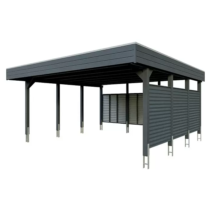 SKAN HOLZ Carport - Außenmaß inkl. Dachüberstand (B x T): 5,57 x 5,55 m, Doppelcarport, Anthrazit - Moderner dunkelgrauer Metallcarport mit Flachdach und integriertem Sichtschutz.