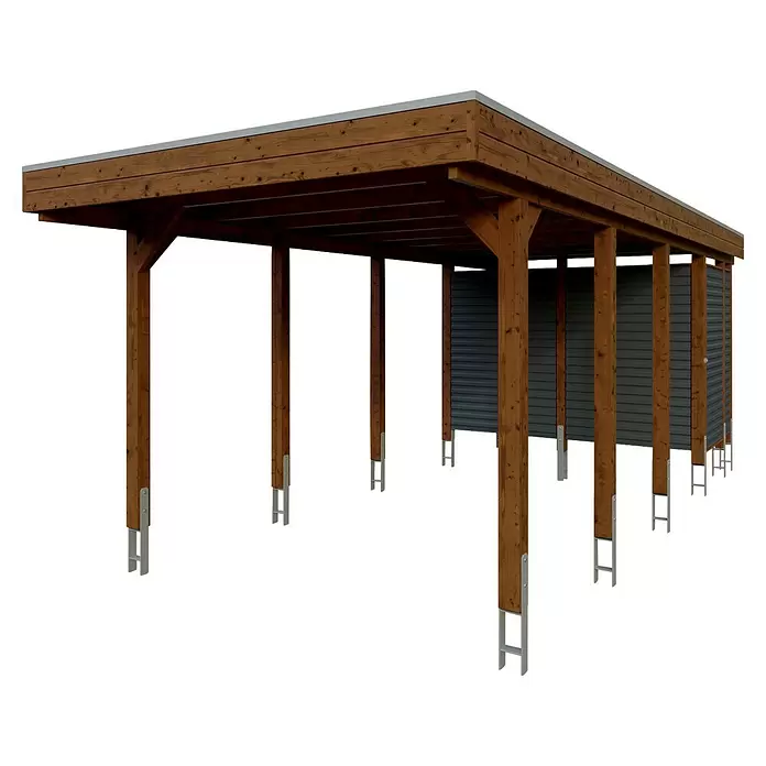 SKAN HOLZ Carport Friesland Hybrid Set 12 - Außenmaß inkl. Dachüberstand (B x T): 3,14 x 7,08 m, Einzelcarport, Nussbaum - Hölzernes Carport mit braunem Holzrahmen und grauer Wellblechrückwand, gestützt von silbernen Pfostenankern.