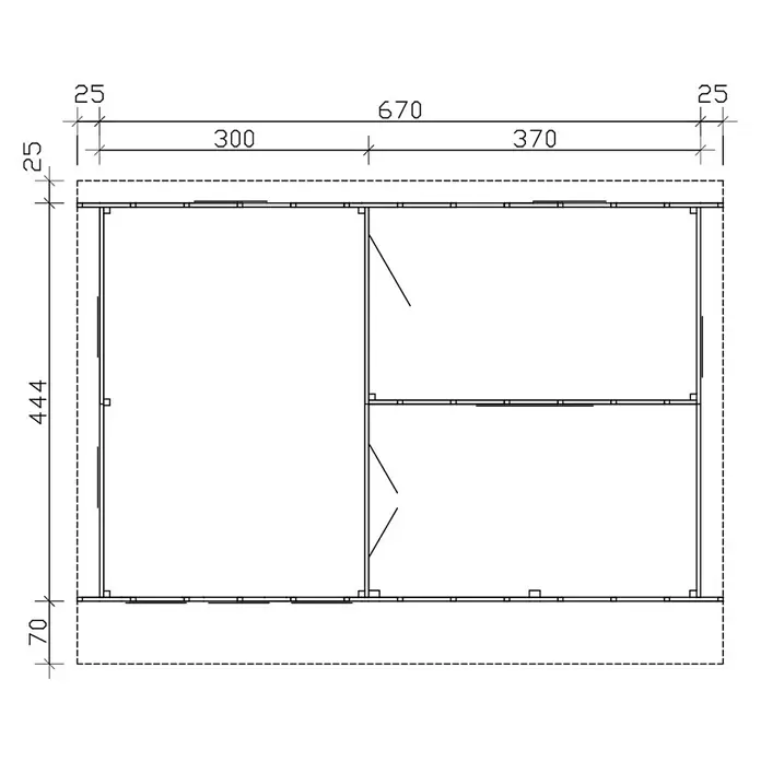 SKAN HOLZ Gartenhaus Arnheim - Außenmaß inkl. Dachüberstand (B x T): 720 x 539 cm, Holz, Natur - Detaillierter Grundriss einer mehrräumigen Struktur mit allen wichtigen Maßen klar gekennzeichnet.