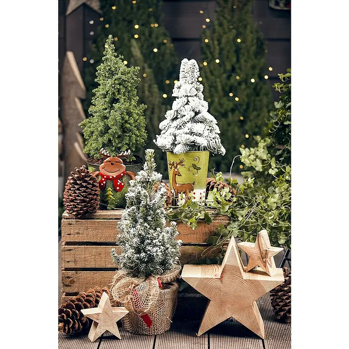 Piardino Adventsarrangement - Filzgrau, Geeignet für: Weihnachtsdekoration - Weihnachtliche Dekoration mit kleinen Tannenbäumen, Kiefernzapfen und Holzsternen auf Holzkiste, ideal für festliche Stimmung.
