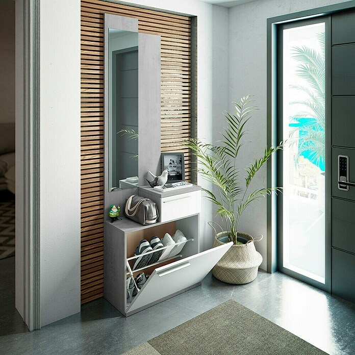Mueble para recibidor Karen (L x An x Al: 28 x 61 x 186 cm, Gris Cemento/Blanco Artik, Espejo) | BAUHAUS