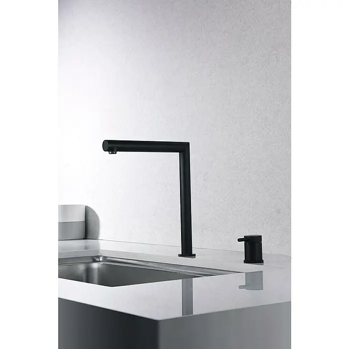 Imex Grifo de cocina escamoteable Itaca - Negro - Elegante grifo de cocina negro con líneas limpias y dispensador de jabón a juego, perfecto para cocinas modernas.