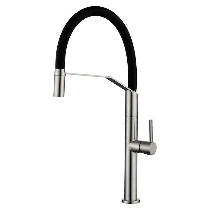 Imex Grifo de cocina flexible Deva - Negro/Cromo, Mate - Elegante grifo de cocina con caño alto y manguera de silicona negra, ideal para cocinas modernas. El acabado en níquel cepillado aporta estilo.