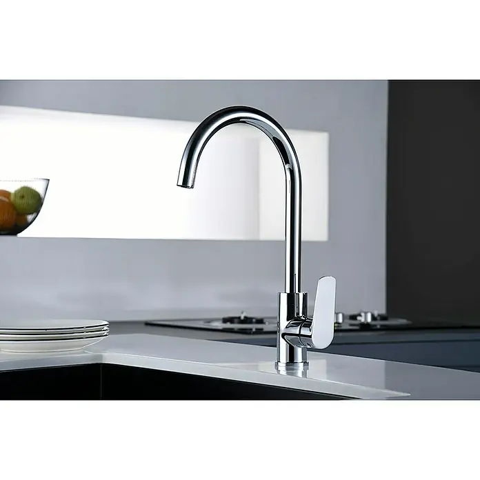 Imex Bélgica Grifo de cocina - Cromo - Elegante grifo de cocina cromado con un caño curvo y un solo mando, perfecto para cocinas modernas. Diseño elegante con acabado brillante.