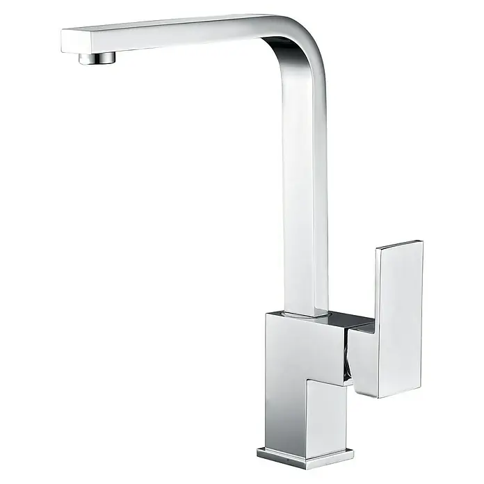 Imex Grifo de cocina Cox - Cromo, Brillante - Primer plano de un moderno grifo cromado cuadrado con líneas limpias y un acabado brillante, que muestra un diseño minimalista.