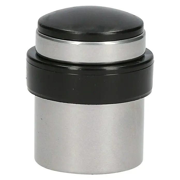 Türstopper Inox 33x41 mm - 33 x 41 mm, Silber/Schwarz, Schrauben - Nahaufnahme eines Türstoppers aus Metall mit schwarzem Gummipuffer. Er verhindert, dass Türen gegen Wände schlagen.