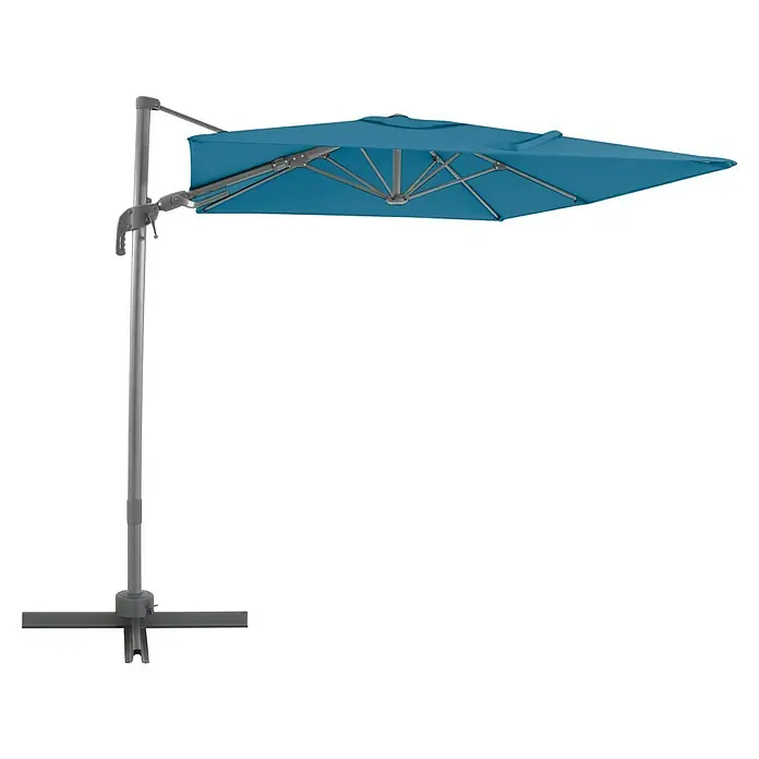Sunfun Schirmbezug Capri - Petrol, Passend für: Sunfun Ampelschirmgestell Capri 200 x 250 cm - Dieser Artikel zeigt einen eleganten, blauen Sonnenschirm mit einem robusten, grauen Ständer, der Schatten und Stil für den Außenbereich bietet.