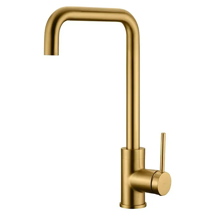 Imex Grifo de cocina Loira - Oro - Primer plano de un grifo de cocina de oro cepillado con un diseño elegante y moderno sobre un fondo negro.