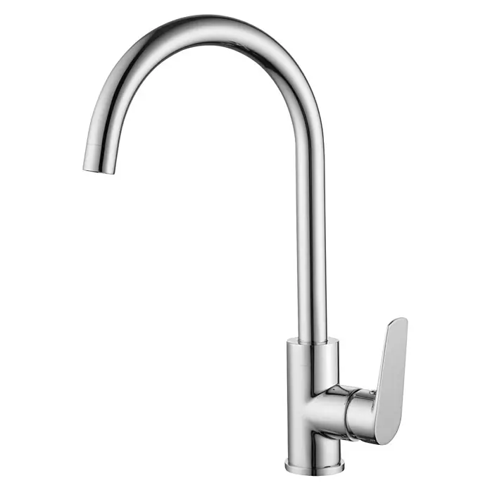 Imex Bélgica Grifo de cocina - Cromo - Un grifo cromado curvo y brillante destaca sobre un fondo negro. Su forma elegante y la superficie reflectante son visualmente impactantes.