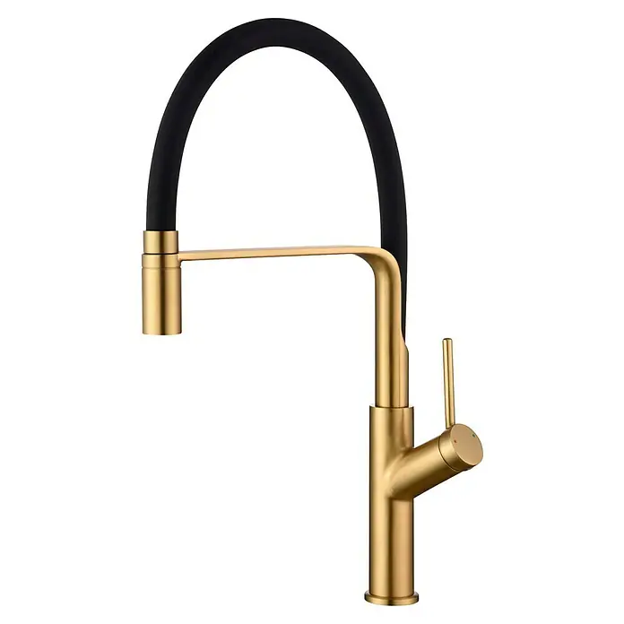 Imex Grifo de cocina flexible Sena - Oro/Negro - Elegante grifo de cocina dorado con un caño flexible negro, que combina estilo y funcionalidad para cualquier cocina moderna.