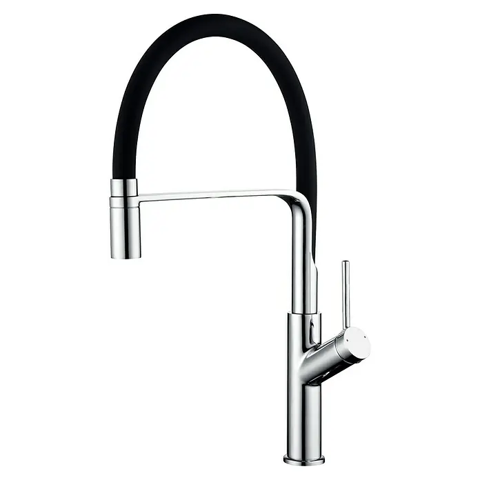 Imex Grifo de cocina flexible Sena - Cromo/Negro - Elegante grifo de cocina con caño arqueado negro y un acabado cromado brillante. Diseño moderno que mejora cualquier cocina.