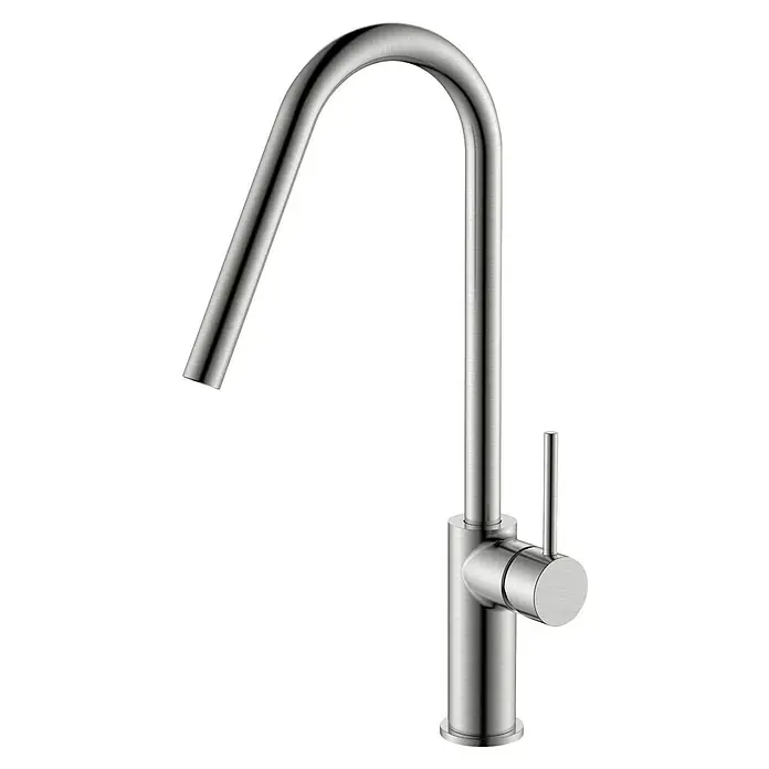 Imex Grifo de cocina Kenia - Níquel - Grifo moderno de acero inoxidable con un elegante caño curvo y un mango minimalista, perfecto para un diseño de cocina o baño elegante.