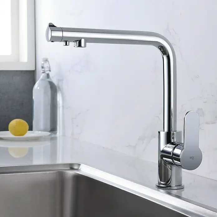 Imex Grifo de cocina ósmosis Montecarlo - Cromo, Brillante - Moderno grifo de cocina cromado IMEX con diseño elegante y mezclador monomando para un control preciso de la temperatura. Ideal para cualquier cocina moderna.