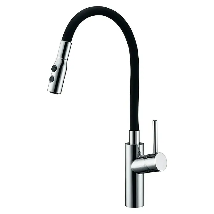 Imex Grifo de cocina flexible Tokyo - Negro/Cromo, Brillante - Elegante grifo de cocina con manguera flexible negra y detalles cromados. Un diseño moderno realza cualquier cocina con funcionalidad.