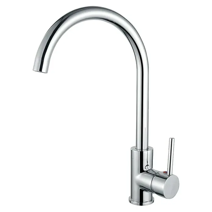 Imex Grifo de cocina Lyon - Cromo - Primer plano de un grifo cromado brillante y moderno con un caño curvo sobre un fondo negro.