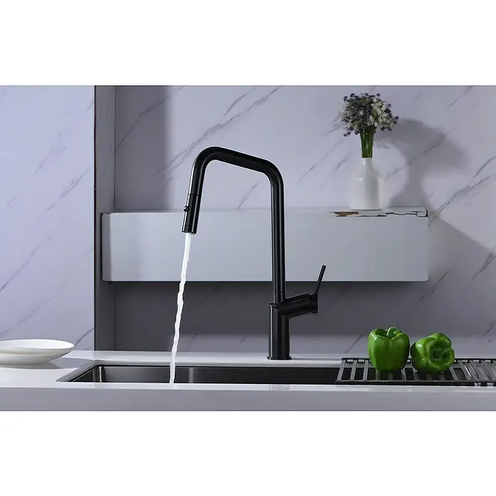 Imex Grifo de cocina extraíble Bonn - Black gun metal - Elegante grifo negro con agua corriente en un moderno entorno de cocina.