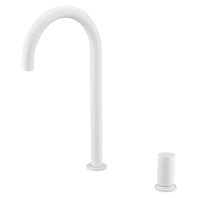 Imex Grifo de cocina Manacor - Blanco - Primer plano de un elegante grifo de baño blanco con un caño alto y una palanca de control separada sobre un fondo negro.