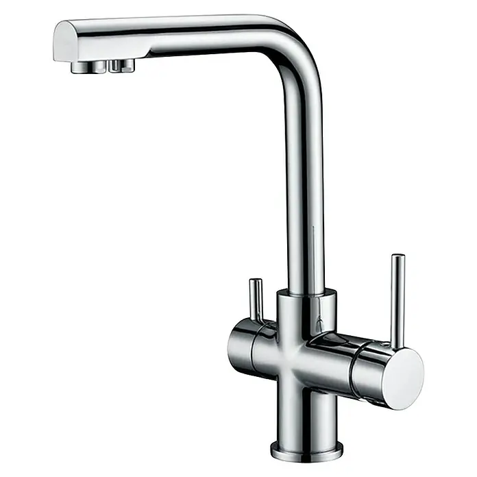 Imex Grifo de cocina ósmosis Marsella - Cromado - Primer plano de un moderno y brillante grifo cromado con un diseño elegante y doble palanca para un control preciso del agua.