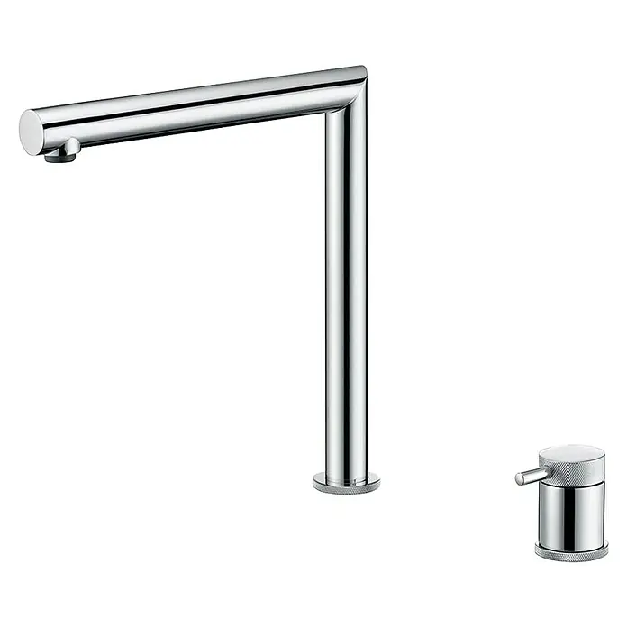 Imex Grifo de cocina escamoteable Itaca - Cromo - Imagen de un grifo cromado moderno con botón de control separado, ideal para un diseño de baño elegante.