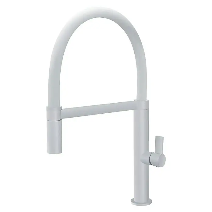 Imex Grifo de cocina flexible Laos - Blanco - Elegante grifo de cocina blanco mate con caño alto y palanca lateral, ideal para diseños de cocina modernos.
