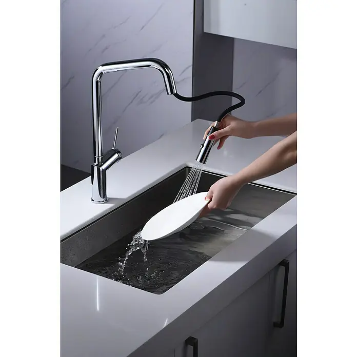 Imex Grifo de cocina extraíble Bonn - Cromo - Un grifo de cocina con rociador extraíble que se utiliza para limpiar un plato blanco sobre un fregadero lleno de agua.