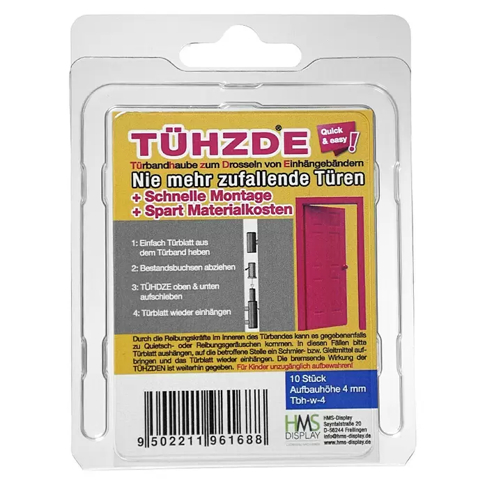 Türbandhaube TÜHZDE - Weiß, Aufbauhöhe 4 mm - Blisterpackung mit 10 TÜHZDE Türbandhauben (4mm Aufbauhöhe), Beschriftung erläutert Anti-Zuschlag-Funktion und schnelle Montage.