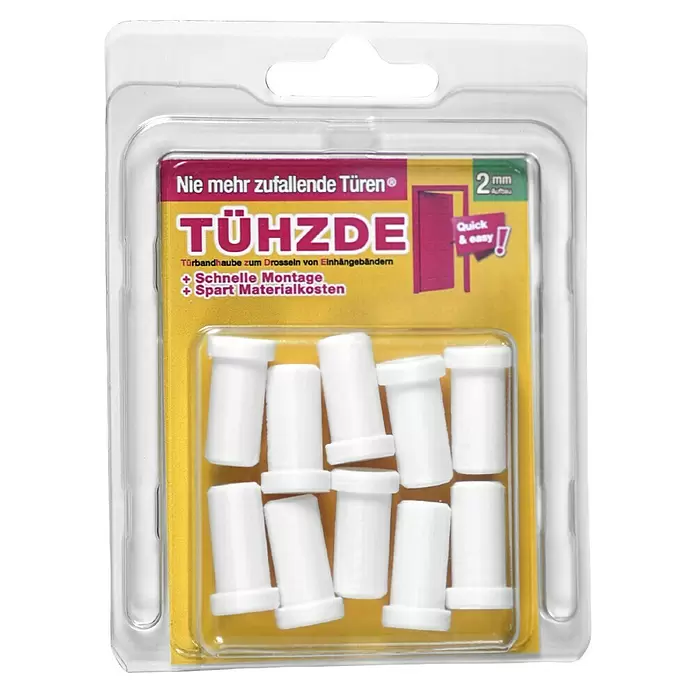 Türbandhaube TÜHZDE - Weiß, Aufbauhöhe 2 mm - Packung weißer Kunststoff-Türbandkappen zur Dämpfung und gegen zuknallende Türen.
